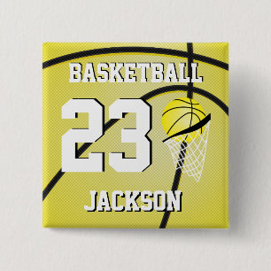 Basketball Yellow and White Personalize 2 Inch Square Button