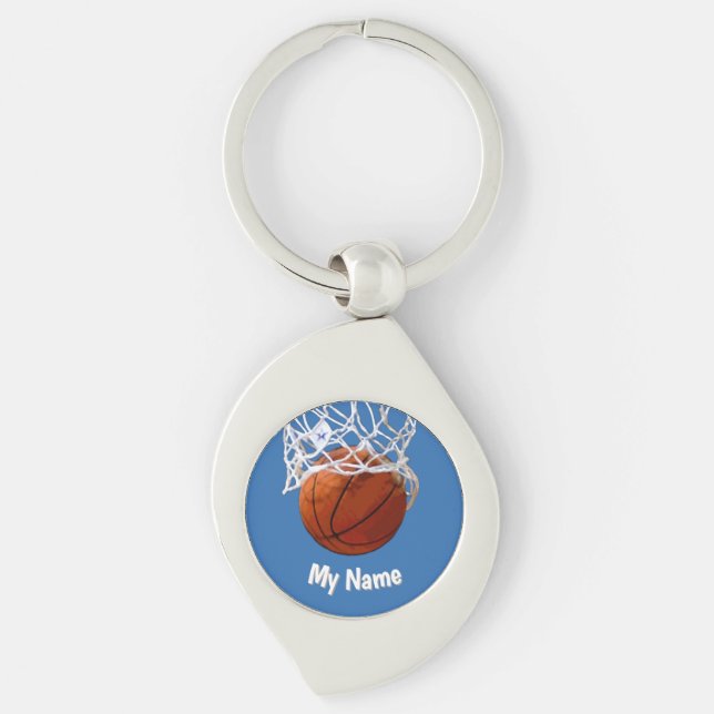 Basketball Your Name Custom Steel Blue Background Keychain (Front)