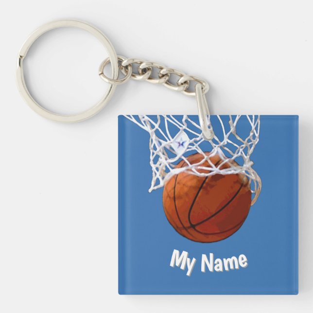 Basketball Your Name Custom Steel Blue Background Keychain (Front)