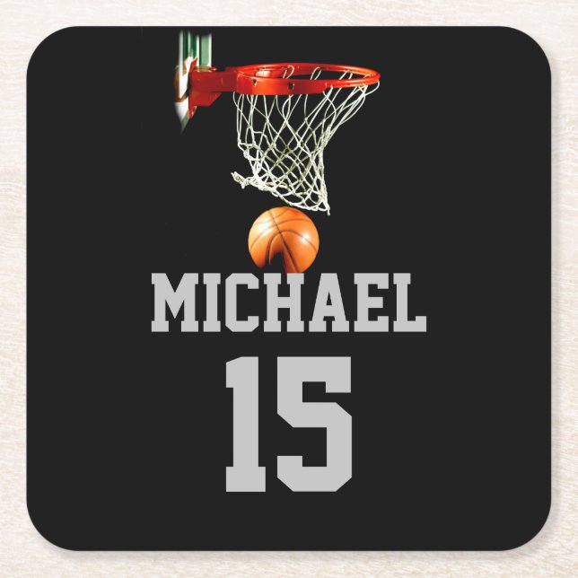 Basketball Your Name Square Paper Coaster (Front)