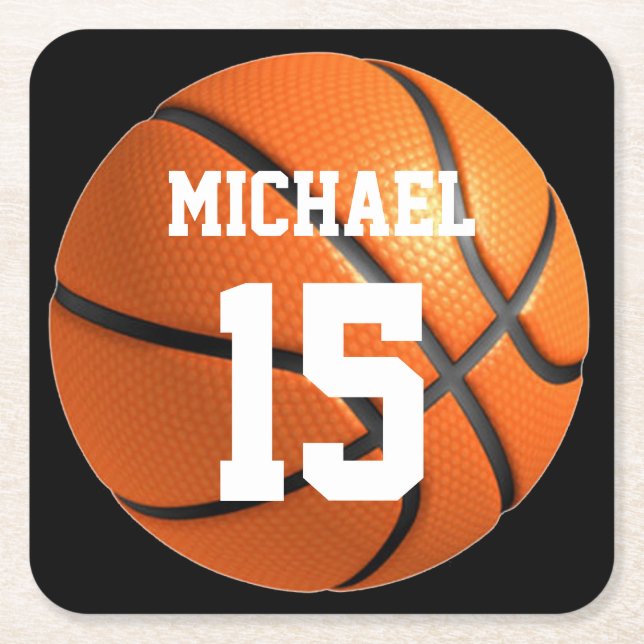 Basketball Your Name Square Paper Coaster (Front)