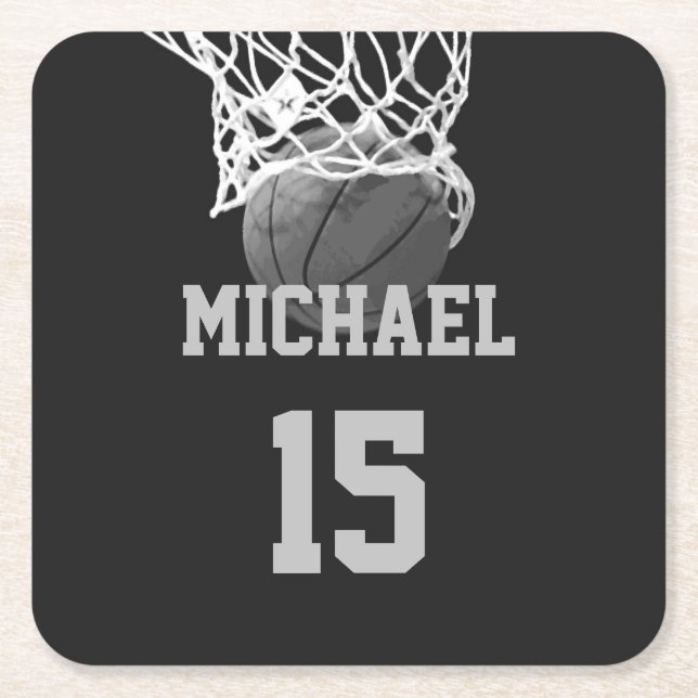 Basketball Your Name Square Paper Coaster (Front)