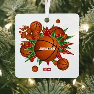 Basketballs green red stars boys girls keepsake metal ornament