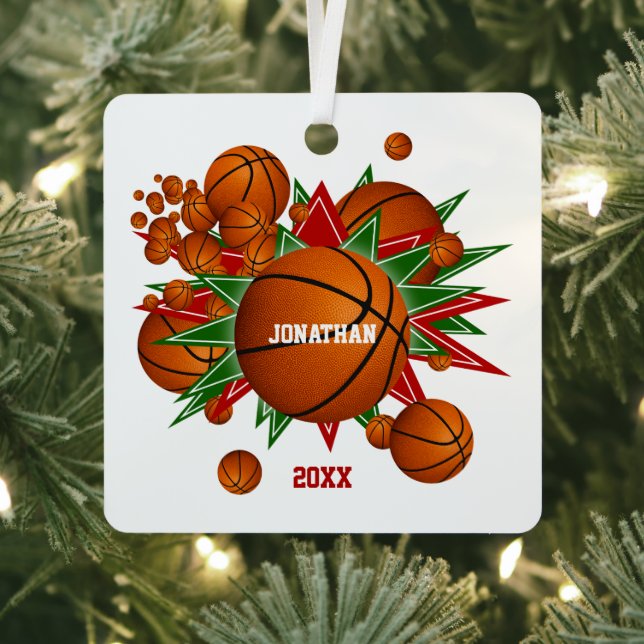 Basketballs green red stars boys girls keepsake metal ornament (Insitu)