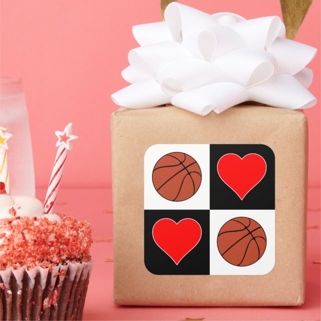 Basketballs & Hearts Chequered Pattern Cute Sports Square Sticker (Party)