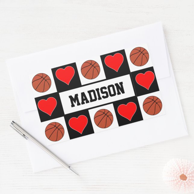 Basketballs & Hearts Custom Player Name Fun Sports Sticker (Envelope)
