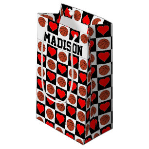 Basketballs & Hearts Custom Player Name Girls' Small Gift Bag