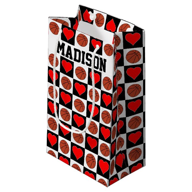 Basketballs & Hearts Custom Player Name Girls' Small Gift Bag (Front Angled)