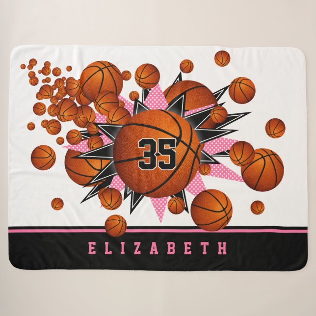 basketballs pink black stars girls sports room sherpa blanket (Front (Horizontal))