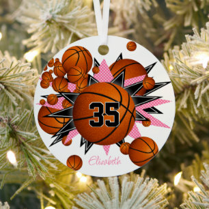 basketballs w pink black stars girls keepsake metal ornament