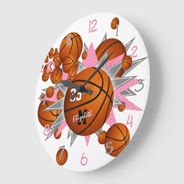 basketballs w pink grey stars sports room decor large clock (Angle)
