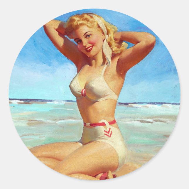 Basking on the Beach Pin Up Classic Round Sticker (Front)