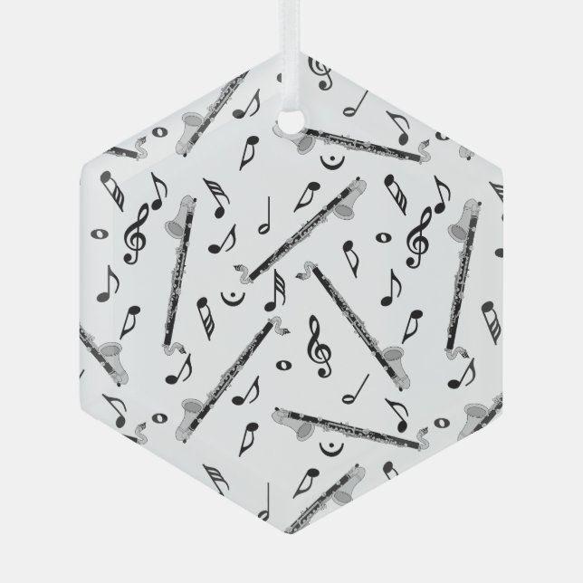 Bass Clarinet Music Note Pattern Glass Ornament (Front)