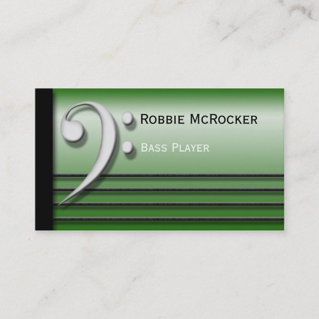 Bass Clef and Strings Green Business Cards (Front)