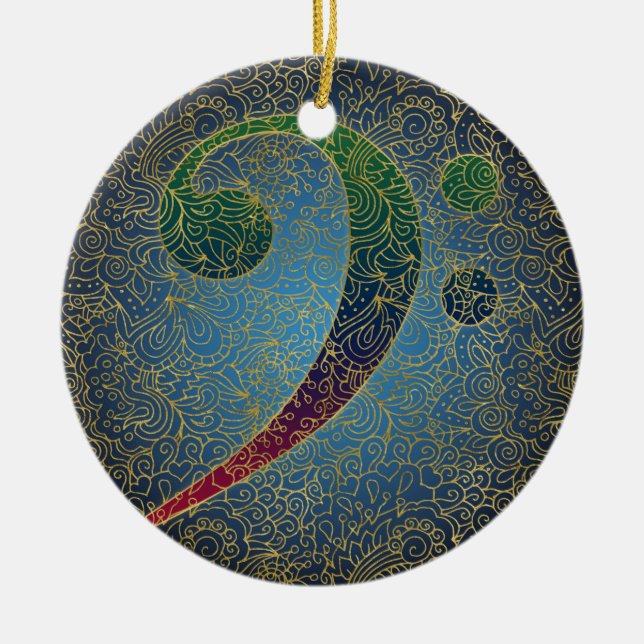 Bass Clef Gold Filigree - Colourful Music Ceramic Ornament (Front)