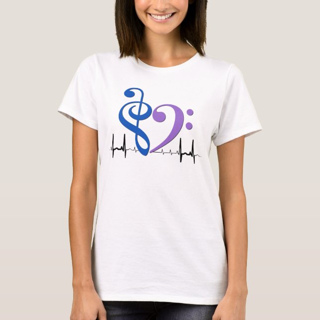 Bass Clef Heart EKG Waves Blue & Amethyst T-Shirt (Front)