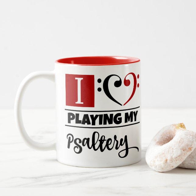 Bass Clef Heart I Love Playing My Psaltery Two-Tone Coffee Mug (With Donut)