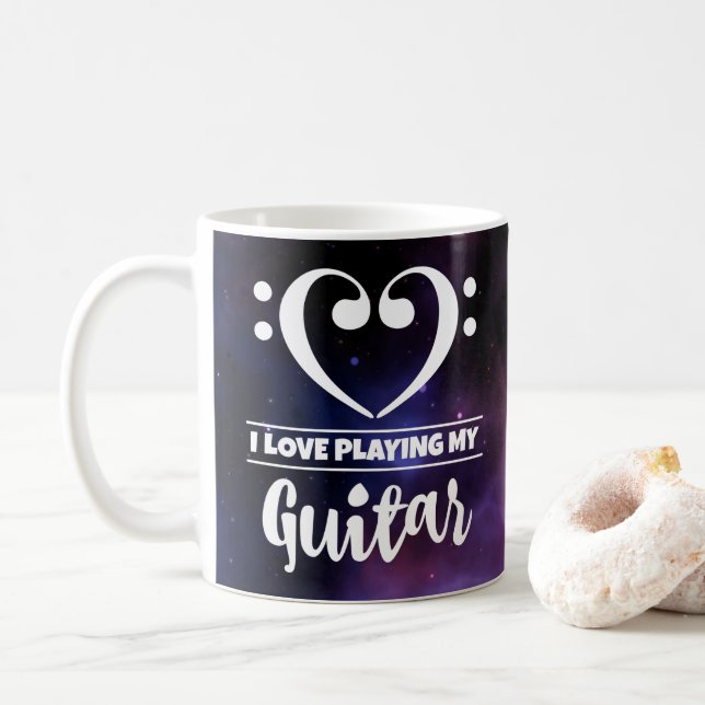 Bass Clef Heart Purple Nebula Love Guitar Coffee Mug (With Donut)