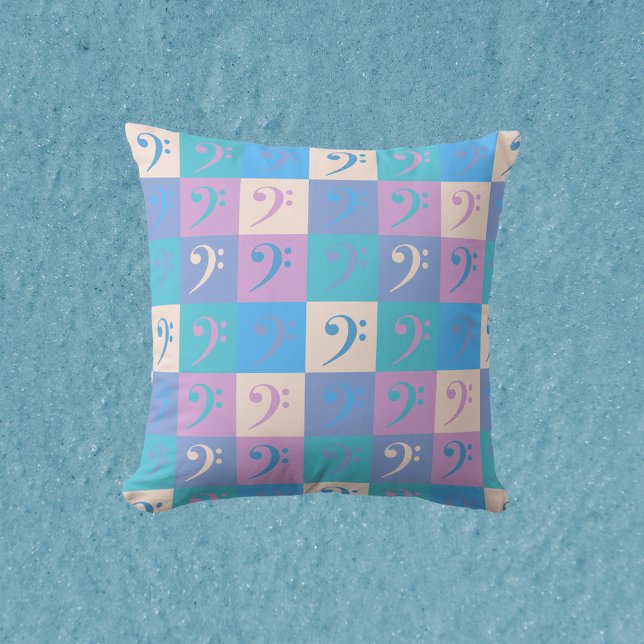 Bass Clef Music Pastel Colours Pattern Throw Pillow (A throw pillow with a pattern of bass clefs in a pastel color scheme.)