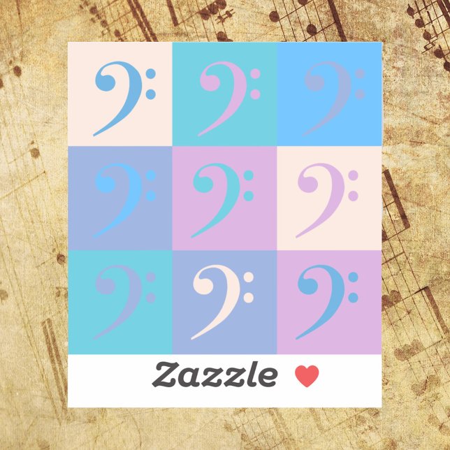 Bass Clef Music Pattern Pastel (A sticker of colorful bass clefs in blue, pink, purple and yellow.)