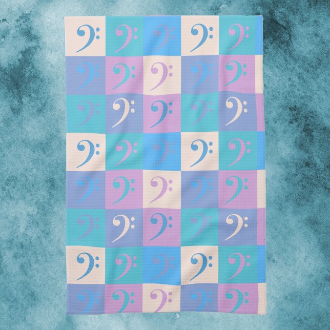 Bass Clef Music Pattern Pastel Colours Kitchen Towel (A kitchen towel with a pattern of bass clef symbols in pastel colors.)
