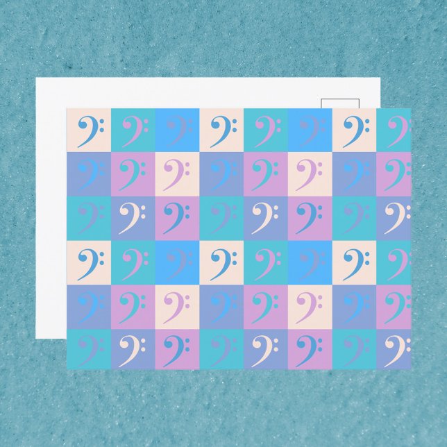 Bass Clef Music Pattern Pastel Colours Postcard (A postcard with a pattern of bass clefs done in yellow, blue, pink, turquoise, purple and blue.)