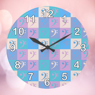 Bass Clef Music Pattern Pastel with Numbers Large Clock