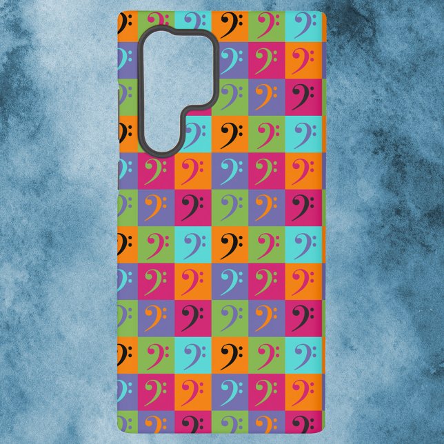 Bass Clef Musical Pattern Samsung Galaxy S22 Ultra Case (A phone case with a bass clef pattern in orange, blue, pink, green and purple.)