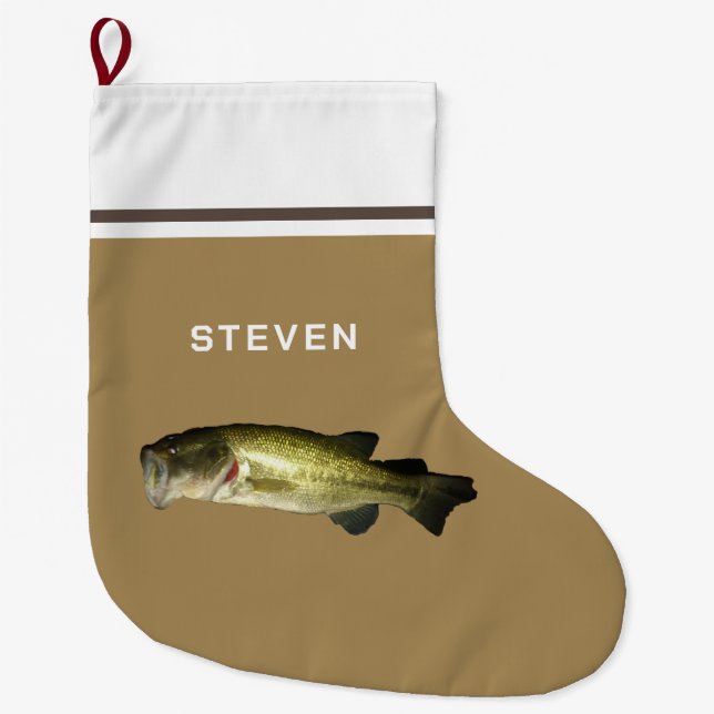 Bass Fish Rustic Beige Brown Personalized Large Christmas Stocking (Front)