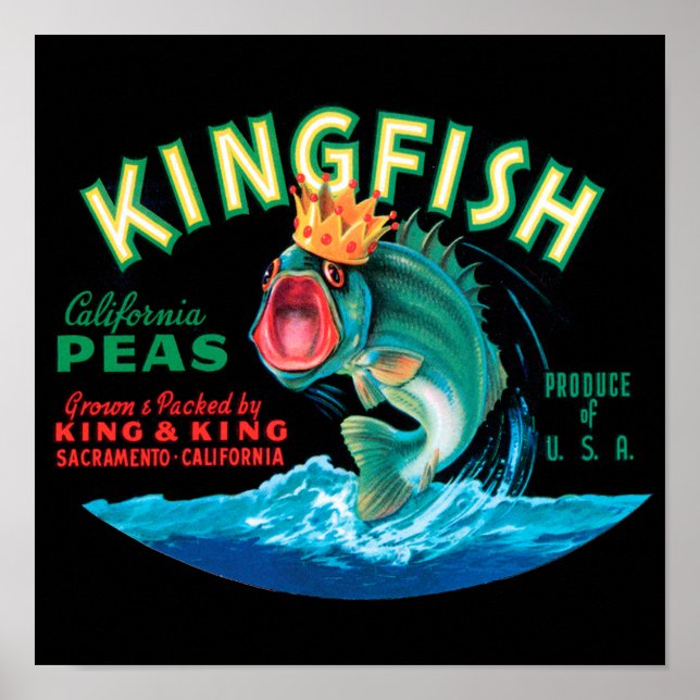Bass Fish Wearing a Crown on a Black Background Poster (Front)