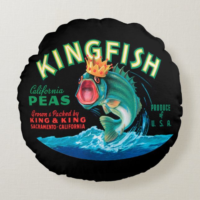 Bass Fish Wearing a Crown on a Black Background Round Pillow (Front)