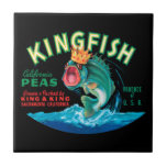 Bass Fish Wearing a Crown on a Black Background Tile<br><div class="desc">This vintage crate label of a bass fish wearing a crown on a black background will please any vintage art lover. It is an advertisement for KingFish Peas. The colours are very vivid and sharp. Choose this artprint on your product today.</div>