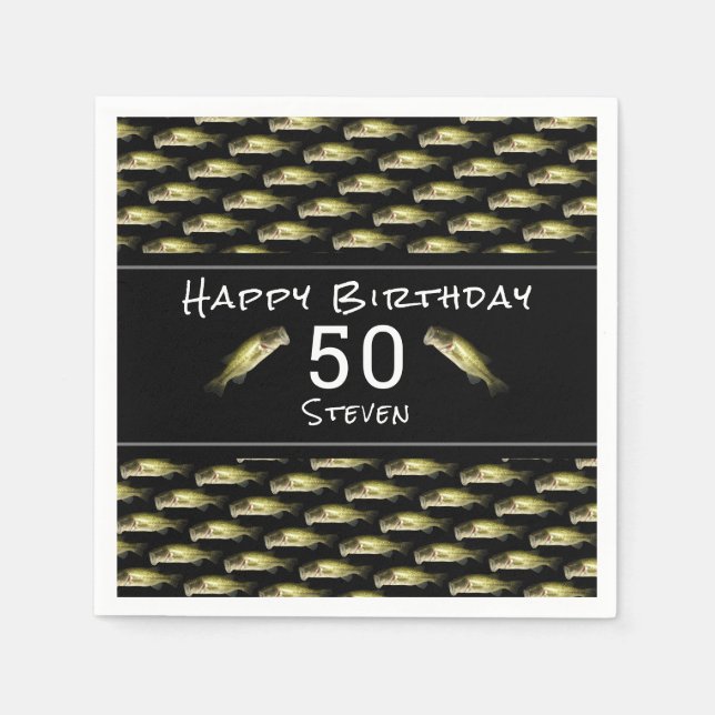 Bass Fishing 50th Birthday Black Mens Personalized Napkin (Front)