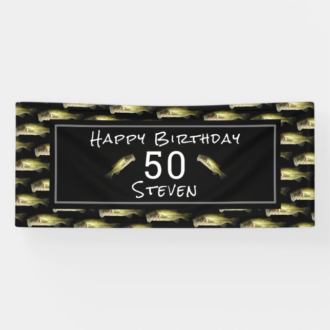 Bass Fishing 50th Birthday Black Personalized Mens Banner (Horizontal)