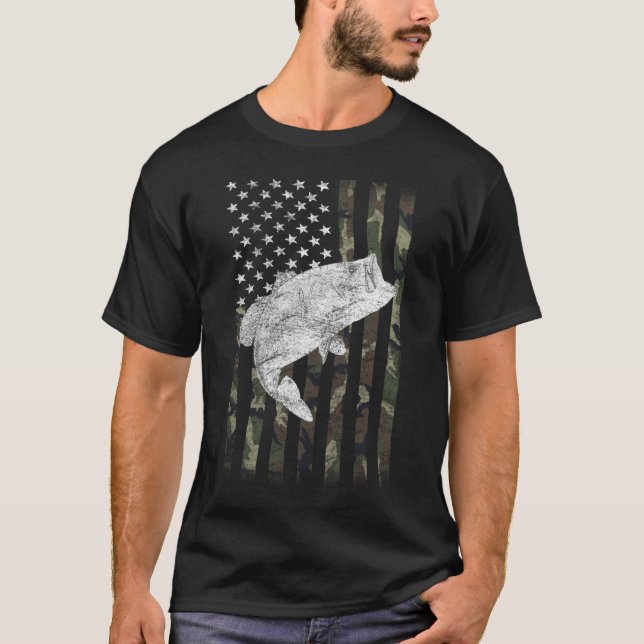 Bass Fishing Camouflage Flag Big Mouth T-Shirt (Front)