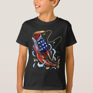 Bass Fishing Fish American Flag Dad Father Fourth T-Shirt