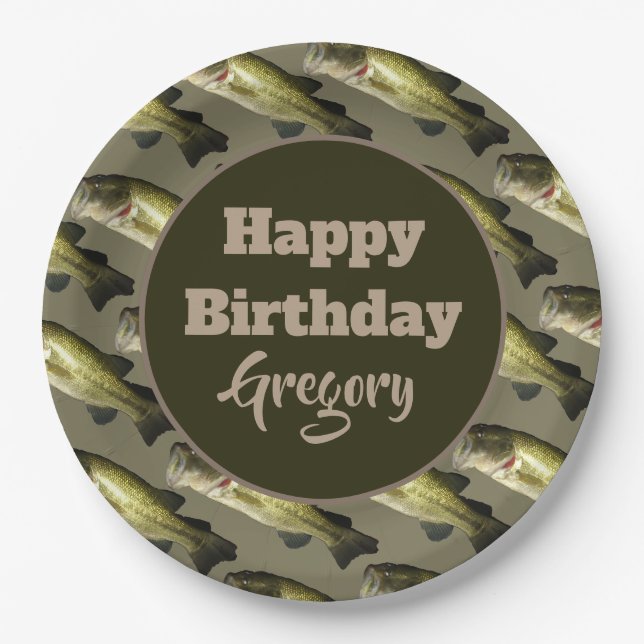 Bass Fishing Happy Birthday Party Personalized Paper Plate (Front)