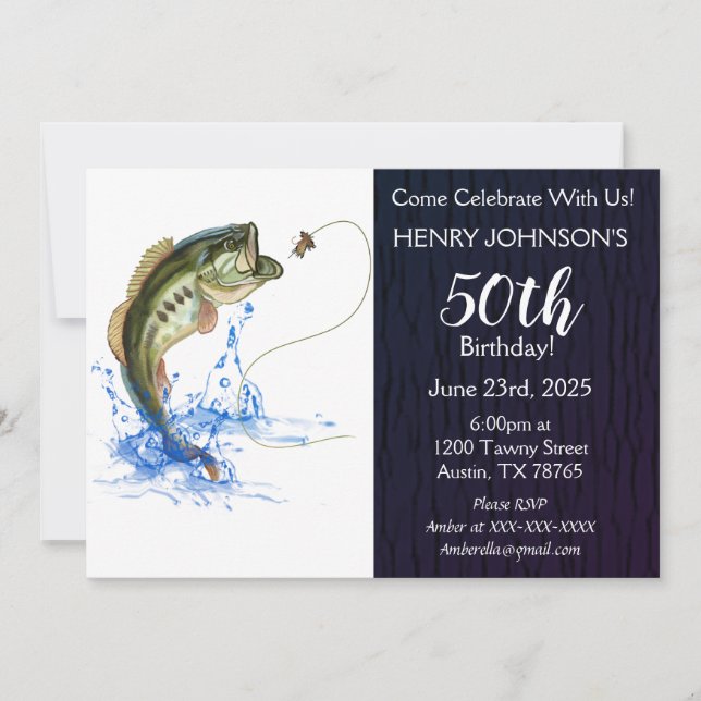 Bass Fishing Themed 50th Birthday Invitation (Front)
