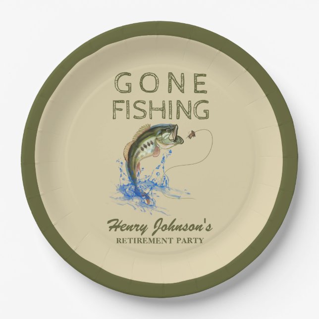 Bass Gone Fishing Retirement Paper Plate (Front)