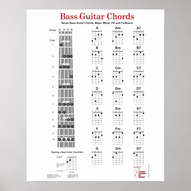 Bass Guitar Chord Fingering Chart and Fretboard (Front)