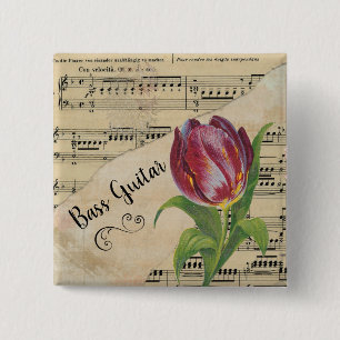 Bass Guitar Elegant Tulip Vintage Sheet Music 2 Inch Square Button
