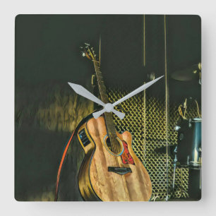 Bass guitar player square wall clock