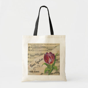 Bass Guitar Tulip Vintage Sheet Music Customized Tote Bag