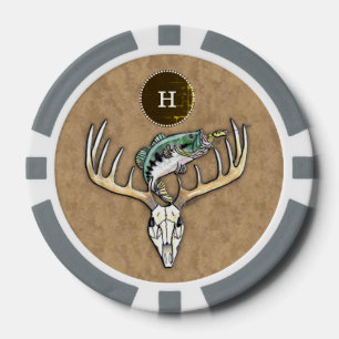 Bass Jumping over Big Buck Horns Skull Monogram Poker Chips