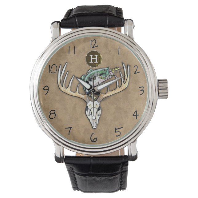 Bass Jumping over Big Rack Deer Skull Monogram Watch (Front)