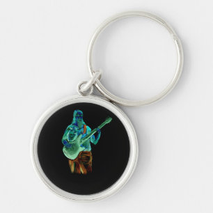 Bass player, done in neon colours on black back keychain