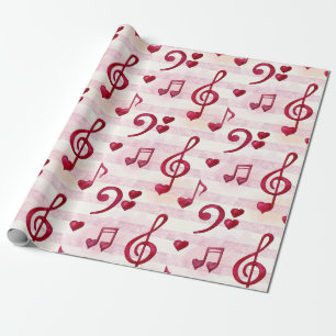 Bass, Treble Clefs, Musical Notes, Red Hearts Wrapping Paper