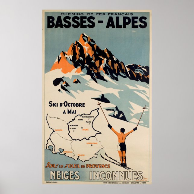Basses Alpes Ski French Vintage Travel Poster (Front)
