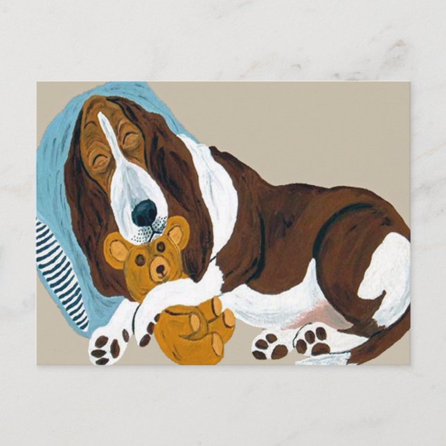 Basset Asleep With Teddy Postcard (Front)