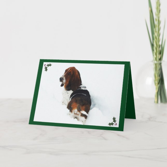 Basset en neige sur la carte de Noël avec Holly (Devant)